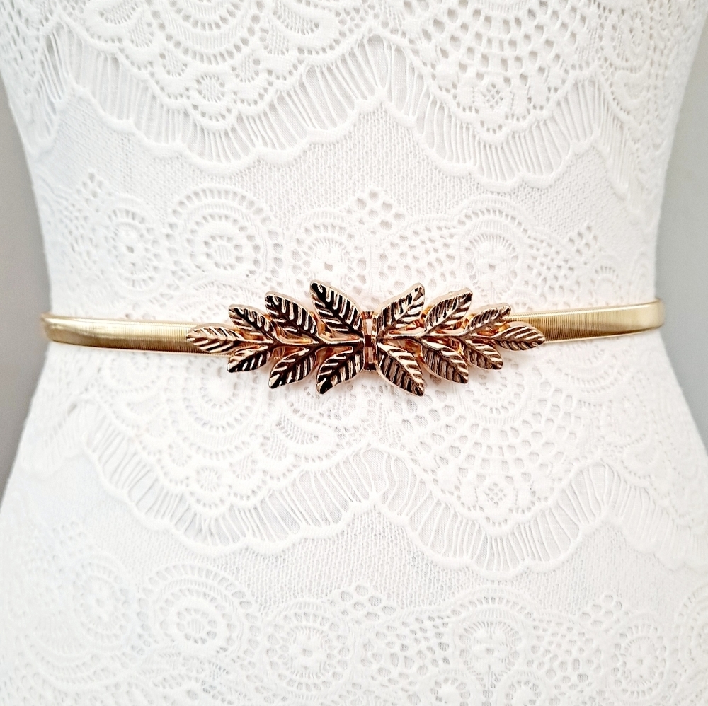Metallic Gold leaf buckle waist wedding elegant formal dress stretch belt